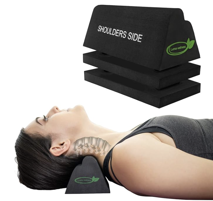 A young woman laying on a neck curve correction device. This can help with the symptoms caused after a car accident.